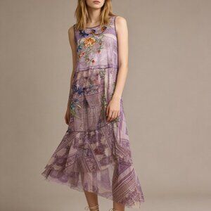 $398 NWOT JOHNNY WAS SILVANA Embroidered Floral MESH MIDI DRESS Size S Purple